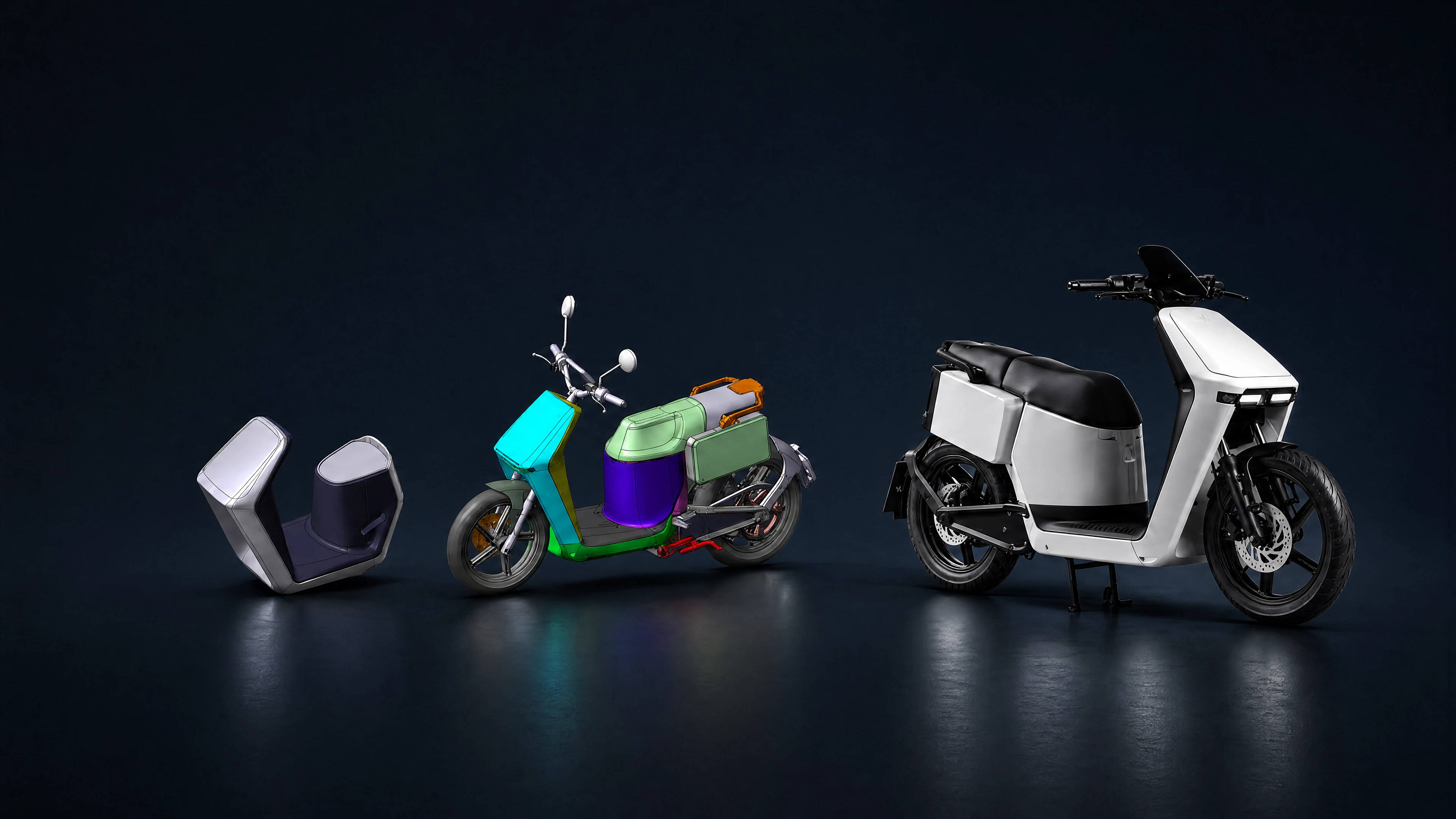 Il concept, i componenti e lo scooter finito, in fila