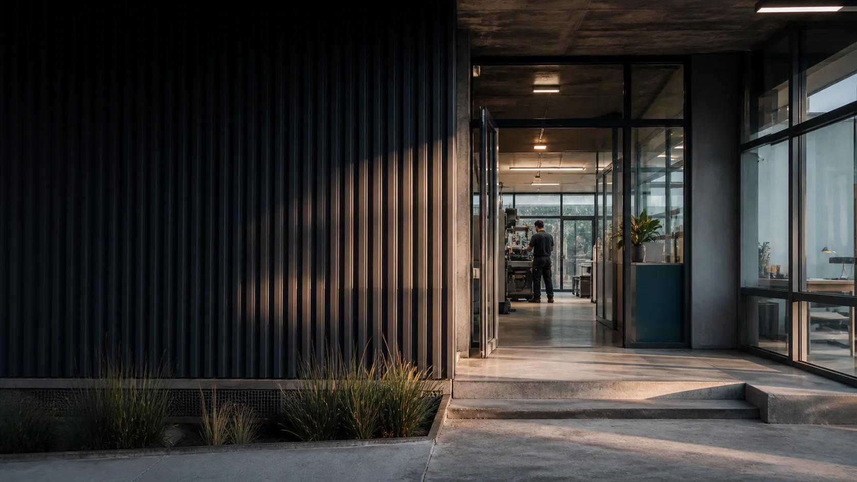 Ingresso di una sede tecnica con l'officina sullo sfondo