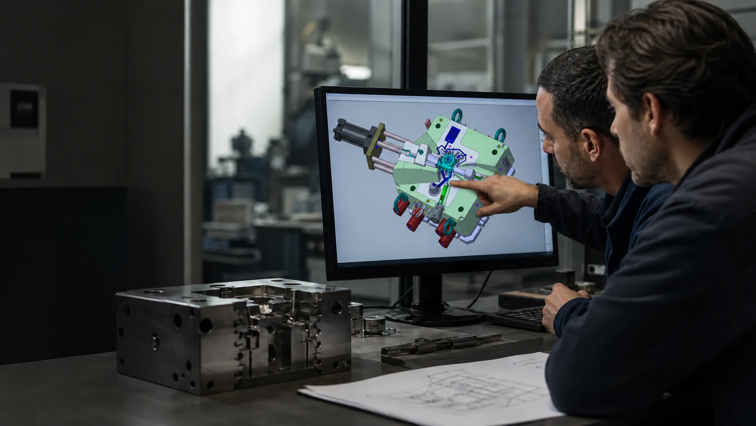 Due tecnici esaminano il modello CAD di uno stampo