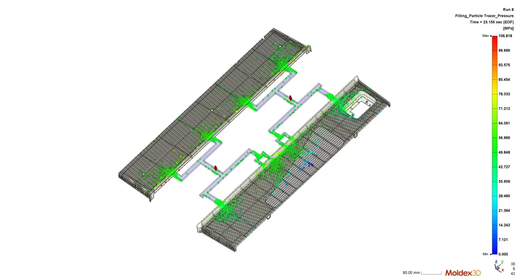 Simulazione Moldex3D del riempimento delle due griglie, con la scala della pressione.