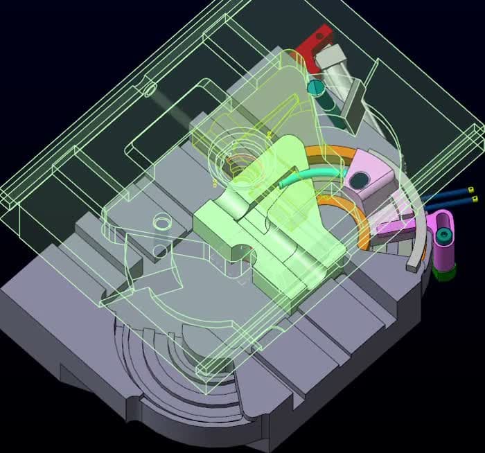Modello CAD dello stampo del corpo rubinetto, con il carro rotante che cambia configurazione.