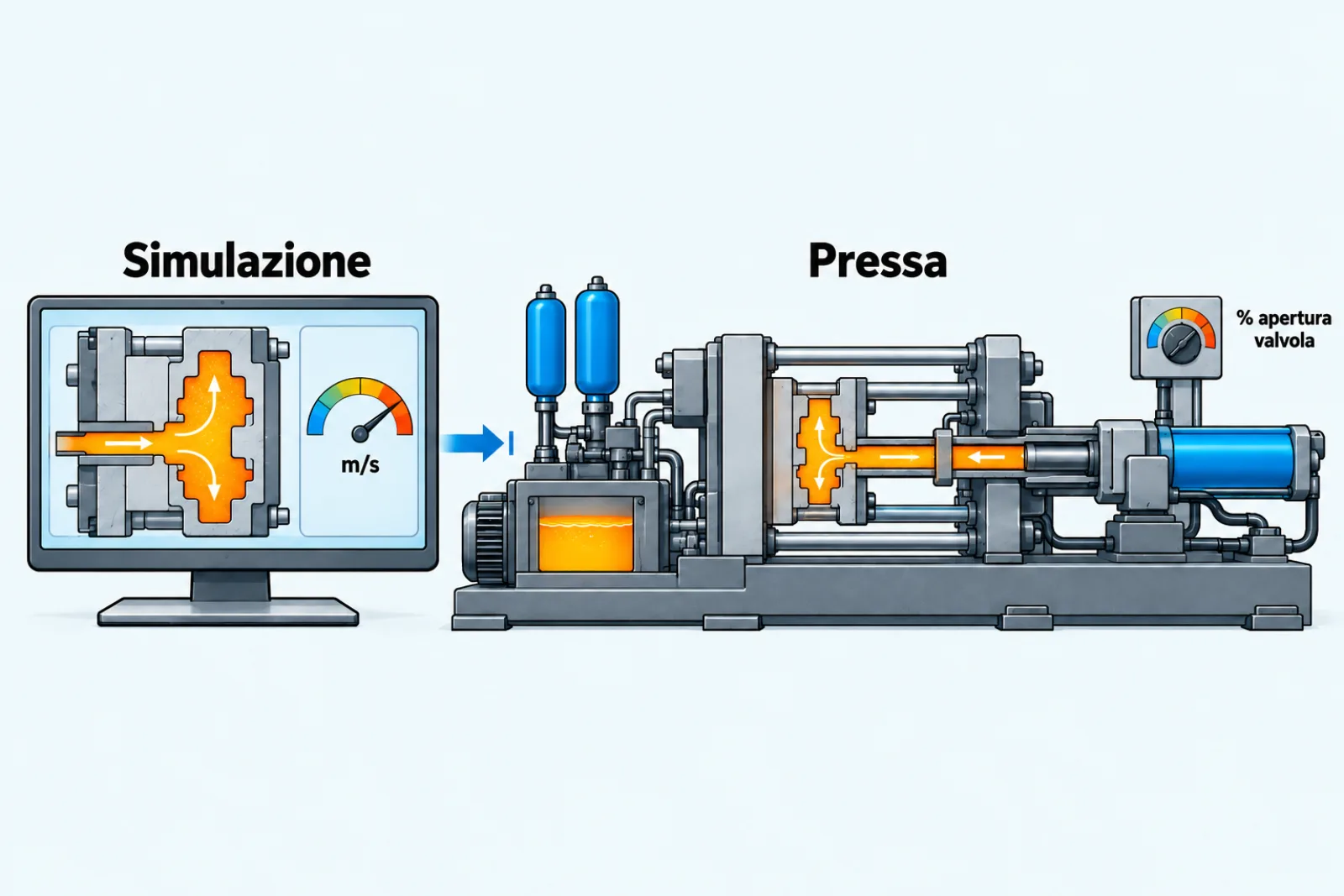 La velocità della simulazione e la percentuale di apertura della valvola sulla pressa