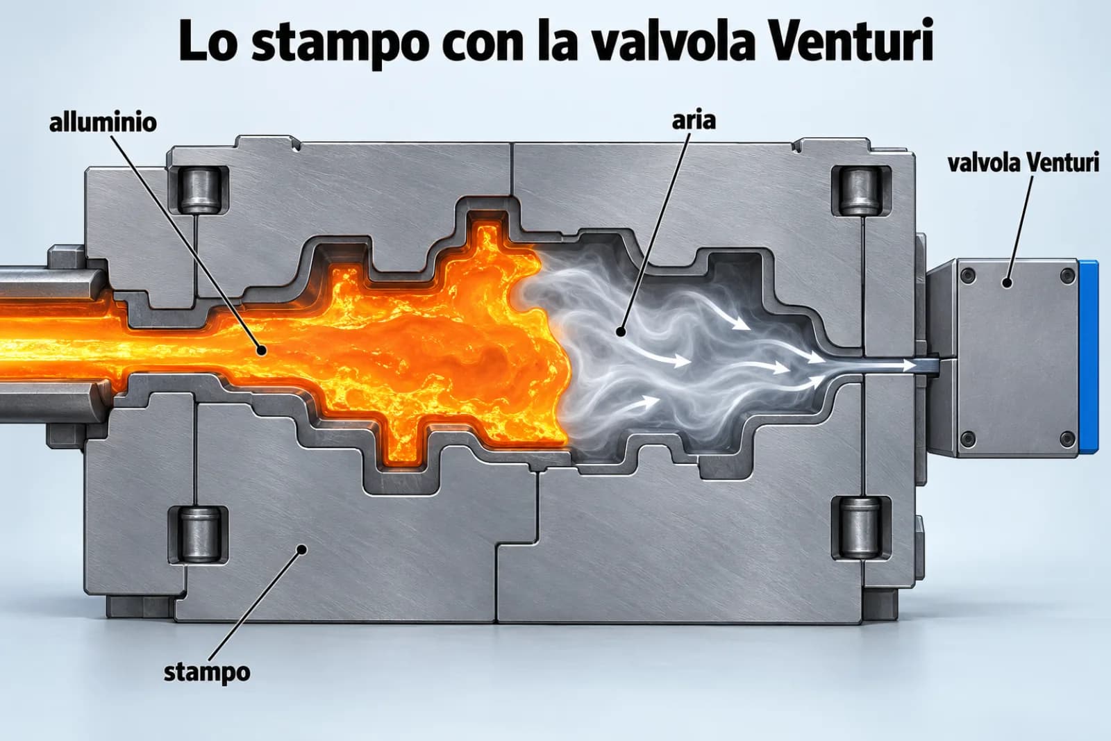 Schema di uno stampo con la valvola Venturi durante il riempimento